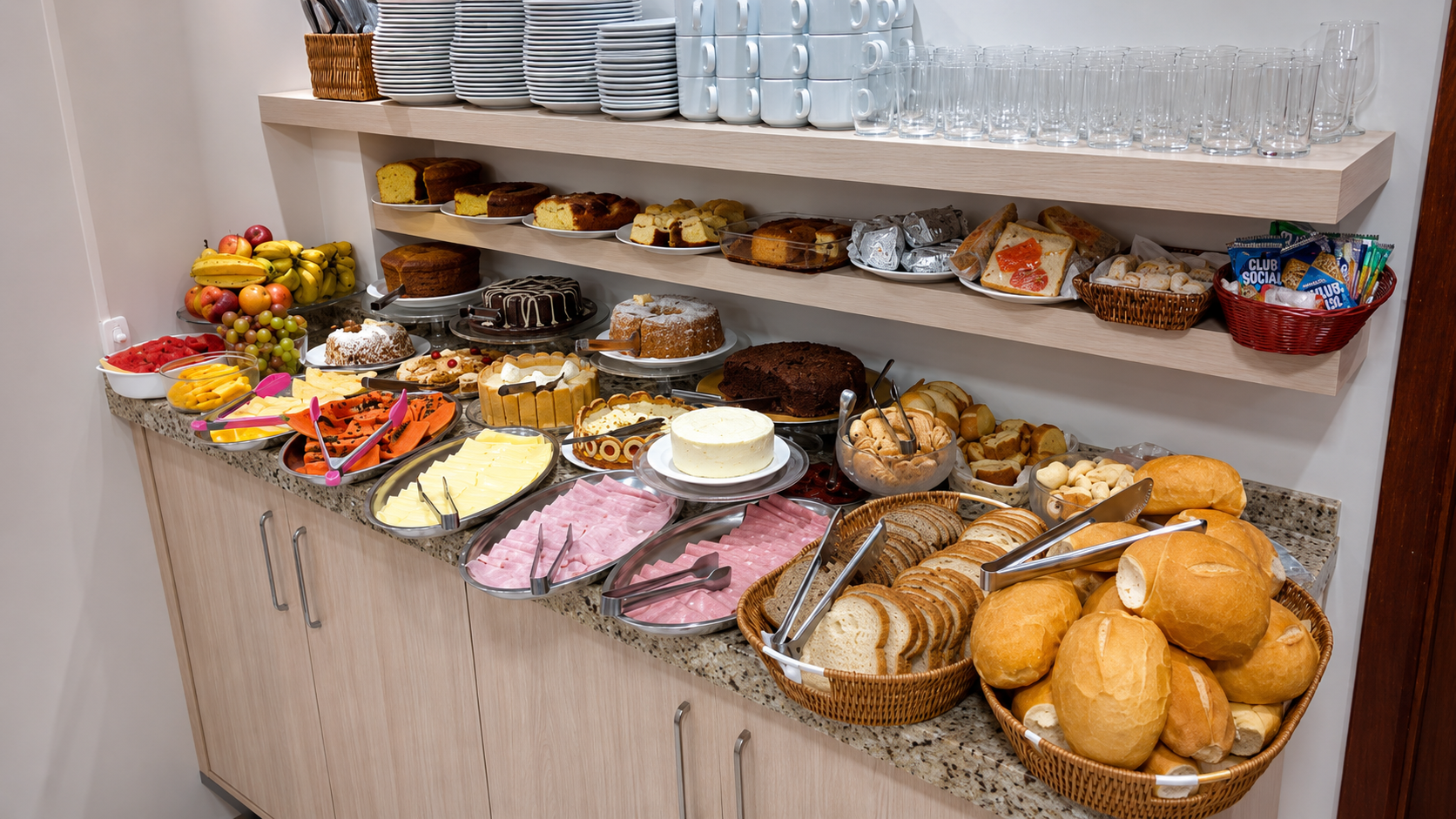 Buffet de café da manhã com pães, bolos e frios no HS Hotel Ibaiti
